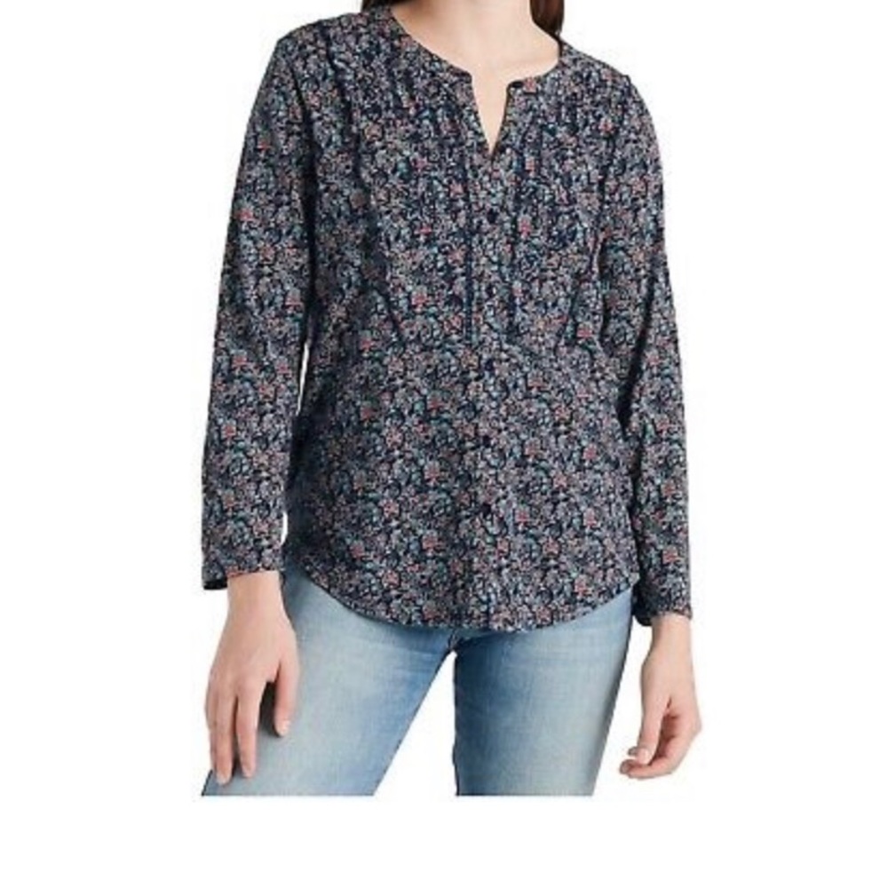 Lucky Brand Printed Cotton Blouse Navy Multi S